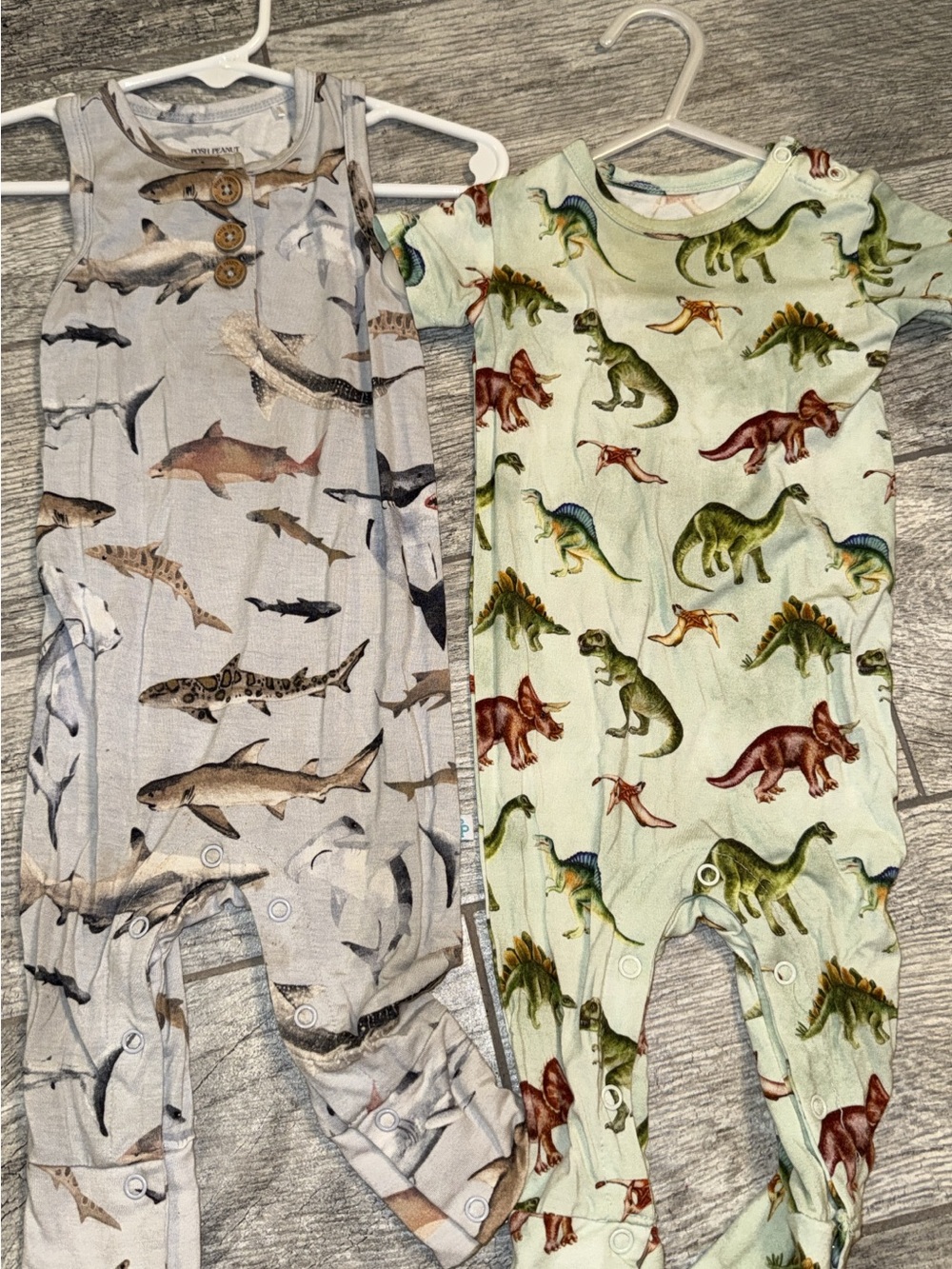 Posh Peanut Baby One-Piece Rompers in Gray Shark and Light Green Dinosaur Prints